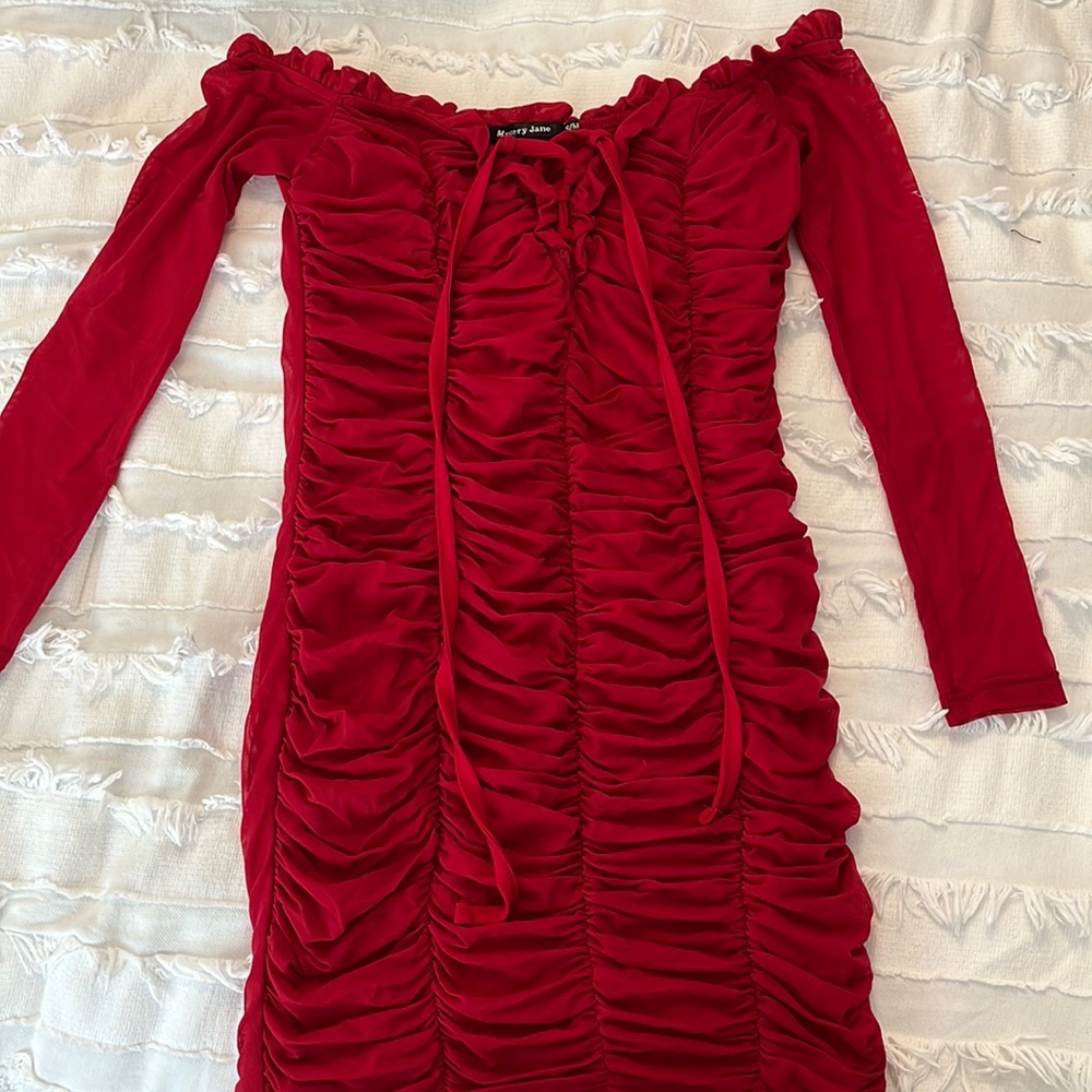 Ruched off the shoulder red dress
